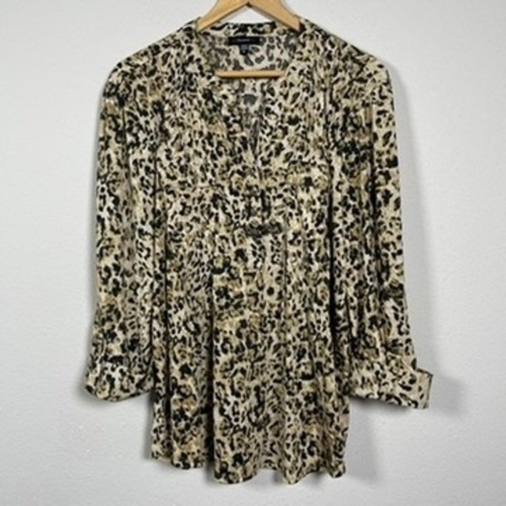 Cocomo Leopard Chic Mob Wife Blouse Women XL Tan Black 3/4 Sleeve Animal Top